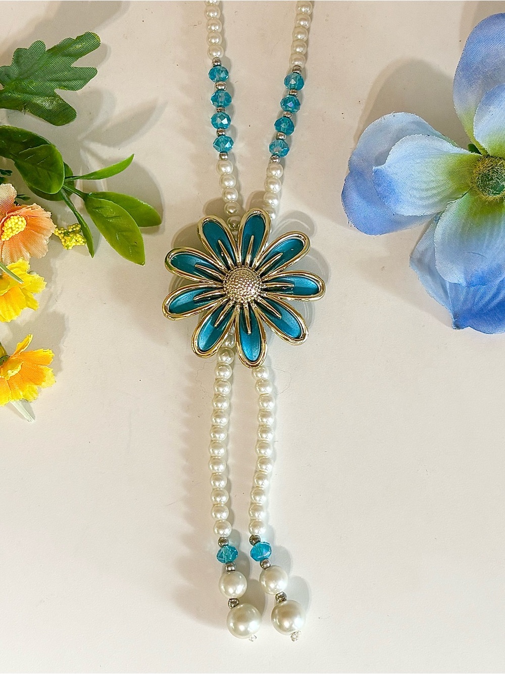 Elegant Long Pearl Beaded Flower Pendant Necklace w/ Tassels-Blue Floral Jewelry